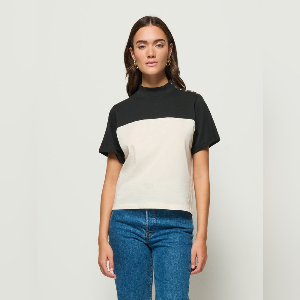 NATION LTD - Colorblock Short Sleeve Crewneck Top in Black and Cream